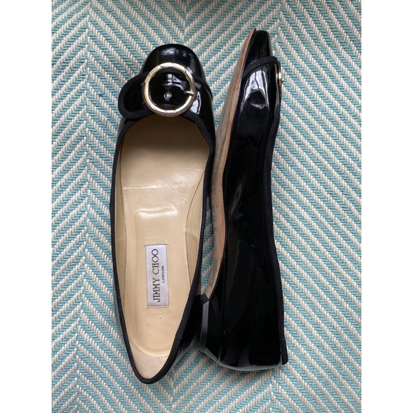 JIMMY CHOO Black Patent Leather Gold Buckle Flats - Picture 4 of 16